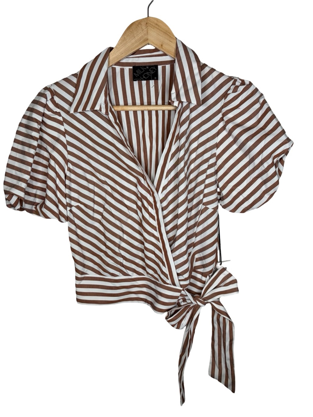 New with tags Milk & Honey Striped Tie-Waist Wrap Top - Brown & White small